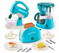 JOYIN Utensilios de cocina juguete, set de accesorios de cocina de juego para niños, juguete de cocina de simulación, cafetera, licuadora, tostadora con luces y sonidos realistas, edad 3+