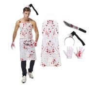 Joyincoser Disfraz de carnicero de Halloween para hombre y mujer, disfraz de terror espeluznante, delantal sangriento, cuchillo falso, guantes, tocado, tatuaje con cicatrices, pegatinas para Halloween