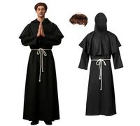 Joyincoser Disfraz de monje renaissance para hombre, con capucha, cinturón, cadena de cruz, gorra calva, Halloween, carnaval, cosplay, medieval, LARP (2XL)