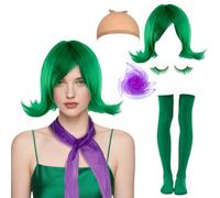 Joyincoser Juego de disfraz verde Disgust de 5 piezas con peluca verde, bufanda morada, medias hasta la rodilla, pestañas - disfraz para carnaval, Halloween, cumpleaños, Navidad, cosplay, fiestas