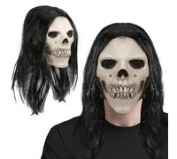 Joyincoser Máscara de calavera realista con pelo largo, disfraz de esqueleto espeluznante para hombre, máscara de terror de látex para cosplay y fiesta