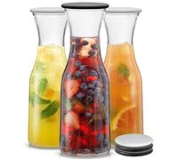 JoyJolt Jarra de vidrio con tapas. 3 jarras de vidrio para barra de mimosa de 36 onzas de capacidad. 6 tapas. Decoraciones de brunch, jarra de agua para mesita de noche, recipiente de jugo de naranja,