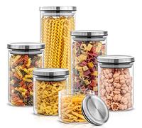 JoyJolt Juego de 6 tarros de cristal con tapas (acero inoxidable), recipientes herméticos de almacenamiento de alimentos para despensa o mostrador. Organización versátil de despensa, contenedor de