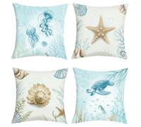 Joymaison Fundas Cojines 40x40 Juego de 4 Funda de Almohada Verano Océano Azul Tortuga Marina Cojines Fundas Concha Medusa Estrella de Mar Cojine Decorativas para Sofá Salón Silla