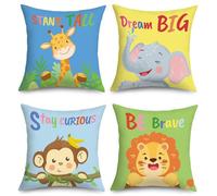 Joymaison Fundas Cojines 45x45 Juego de 4 Funda de Almohada Animales Coloridos de la Selva Cojines Fundas Elefante Jirafa León Mono Patrón Cojine Decorativas para Bebés Niños Sofá Salón Silla