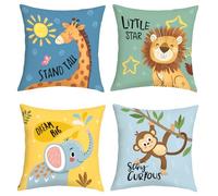 Joymaison Fundas Cojines 45x45 Juego de 4 Funda de Almohada Animales Infantiles Cojines Fundas Bosque Animal Elefante Jirafa León Mono Cojine Decorativas para Niños Pequeños Sofá Salón Silla
