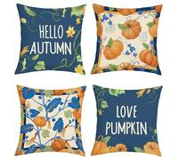 Joymaison Fundas Cojines 45x45 Juego de 4 Funda de Almohada Otoño Calabaza Azul Acción de Gracias Cojines Fundas Calabaza Hojas Cojine Decorativas para Sofá Salón Silla