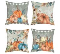 Joymaison Fundas Cojines 45x45 Juego de 4 Funda de Almohada Otoño Calabaza Naranja Azul Cojines Fundas Otoño Flor Hoja Cheque Búfalo Cojine Decorativas para Sofá Salón Silla