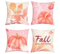 Joymaison Fundas Cojines 45x45 Juego de 4 Funda de Almohada Otoño Calabaza Rosa Acuarela Cojines Fundas Hojas de Arce Floral Cojine Decorativas para Sofá Salón Silla