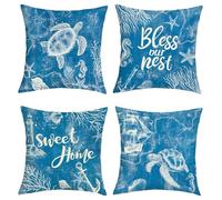 Joymaison Fundas Cojines 45x45 Juego de 4 Funda de Almohada Verano Azul Marino Náutico Cojines Fundas Océano Tortuga Marina Anclas Cojine Decorativas para Sofá Salón Silla
