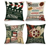 Joymaison Fundas Cojines 45x45 Juego de 4 Funda de Almohada Vintage Diseño de Cine Cojines Fundas Retro Película Teatro Palomitas Cojine Decorativas para Amantes del Cine Cine en casa Sofá