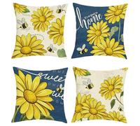 Joymaison Fundas Cojines 45x45 Juego de 4 Funda de Almohada Vintage Verano Girasol Flores Cojines Fundas Amarillo Abeja Girasol Flor Cojine Decorativas para Sofá Salón Silla
