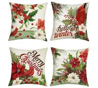 Joymaison Fundas Cojines 45x45 Juego de 4 Modernas Funda de Almohada Feliz Navidad Cojines Fundas Rojo Flores Diseño de Acebo Pájaros Cardenal Cojine Decorativas para Sofá Salón Silla