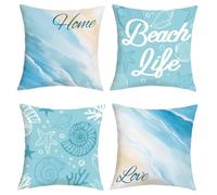 Joymaison Fundas Cojines 50x50 Juego de 4 Funda de Almohada Verano Azul Océano Playa Cojines Fundas Costa Concha de Mar Cojine Decorativas para Sofá Salón Silla