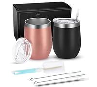 Joymaking 2 vasos de vino de acero inoxidable sin tallo con tapa, doble pared Unbreakable Travel vasos para leche, café, vino, cerveza, champán, cócteles, oro rosa