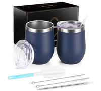 Joymaking 2 vasos de vino de acero inoxidable, sin tallo con tapa, vasos de viaje irrompibles de doble pared para leche, café, vino, cerveza, champán, cócteles, azul oscuro