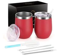 Joymaking 2 vasos de vino de acero inoxidable, sin tallo con tapa, vasos de viaje irrompibles de doble pared para leche, café, vino, cerveza, champán, cócteles, color rojo