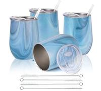 Joymaking 4 vasos de vino de acero inoxidable, sin tallo con tapa, vasos de viaje irrompibles de doble pared para leche, café, vino, cerveza, champán, cócteles, mármol azul