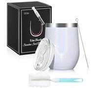 Joymaking Copa de vino de acero inoxidable, sin tallo con tapa, taza de viaje irrompible de doble pared para leche, café, vino, cerveza, champán, cócteles, arco iris blanco