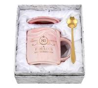 Joymaking Taza de 80 cumpleaños, taza de café rosa de 12 onzas con paquete de regalo, perfecta para mamá, empleada, amiga o jefe, Navidad