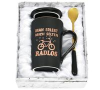 Joymaking Taza de café regalos para ciclistas, regalo divertido para amantes de la bicicleta con texto - Man erlebt mich raro Radlos - Regalos para ciclistas, 400 ml, negro