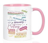 Joymaking Taza de regalo con texto en alemán "Herzlichen Glückwunsch geschafft! - Geschenk zum Abi Ausbildung Bachelor School Abschluss Geschenk bestehene Prüfung, 320ml Rosa