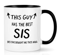 Joymaking Tazas de café con texto en inglés "This Guy has The Best Sis", regalos divertidos para hermano, regalo de cumpleaños, Navidad, mejor hermano, 11 onzas, color negro