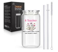 Joymaking Vasos con tapa de bambú con pajitas de vidrio, vasos de té de café helado de 16 onzas, regalos para profesores, regalos para mujeres, regalos de agradecimiento para profesoras