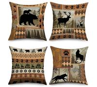 Joymasion Fundas Cojines 45x45 Juego de 4 Funda de Almohada Animales Oso Ciervo Lobo Cojines Fundas Vintage Marrón Rústico Cojine Decorativas para Sofá Salón Silla