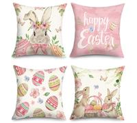 Joymasion Fundas Cojines 45x45 Juego de 4 Funda de Almohada Rosa Primavera Felices Pascuas Cojines Fundas Flores Huevos de Pascua Conejito Cojine Decorativas para Sofá Salón Silla