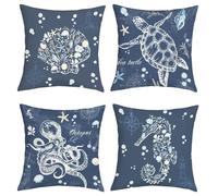 Joymasion Fundas Cojines 45x45 Juego de 4 Modernas Funda de Almohada Marinos Tortuga Pulpo Cojines Fundas Océano Brújula Faro Cojine Decorativas para Sofá Salón Silla
