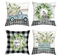 Joymasion Fundas Cojines 45x45 Juego de 4 Modernas Funda de Almohada Primavera Verano Hojas Verde Cojines Fundas Flores Camión Cuadros Cojine Decorativas para Sofá Salón Silla