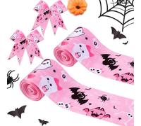 JOYMEMO 2 rollos de cintas de 10 yardas de color rosa y negro con borde de alambre de Halloween, cinta de grogrén impresa de araña fantasma de 3 pulgadas, cinta de tela temática de Halloween para