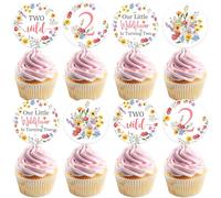 JOYMEMO 24 piezas de decoración para cupcakes de 2º cumpleaños de niña - Flores dos decoraciones de pastel de segundo cumpleaños salvaje, nuestra pequeña flor silvestre está girando dos decoraciones
