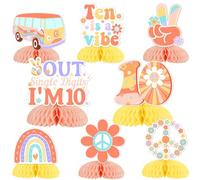 JOYMEMO 8 piezas de centros de mesa boho Groovy de 10 cumpleaños para niña, retro, hippie, paz, de un solo dígito, soy 10 niñas, suministros de fiesta de décimo cumpleaños con temática de paz