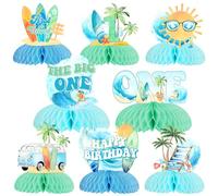 JOYMEMO 8 piezas de surf 1st Honeycomb Centerpieces para niños y niñas - The Big One Surf Cumpleaños Decoraciones Azul y Verde Surf Temática First Birthday Table Toppers