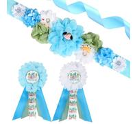 JOYMEMO Blue Farm Animal Baby Shower - Kit de faja de maternidad - Cinturón de vientre para baby shower y pines de ramillete para mamá y papá futuro, banda de embarazo, accesorios de fotos para padres