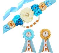 JOYMEMO Blue Highland Cow Baby Shower - Kit de faja de maternidad para baby shower, diseño floral bohemio de ganado de las tierras altas, cinturón para el vientre y pines para mamá para ser y papá,