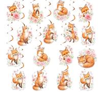 JOYMEMO Decoración de remolinos colgantes de zorro, 24 piezas de doble cara rosa floral de zorro para niñas, fiesta de cumpleaños, baby shower, suministros de fiesta de zorro del bosque, decoración de