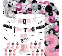 JOYMEMO Decoraciones de fiesta de cumpleaños de Halloween para niña, guirnalda de globos rosa de Halloween, arco rosa intenso negro con purpurina Boo I'm Two Banner Cake Top, calcomanías de pared de
