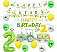 JOYMEMO Decoraciones de fiesta de tractor de acuarela para niños y niñas, segundo cumpleaños, diseño de granja de tractor amarillo y verde, feliz cumpleaños de dos años, suministros de fiesta con