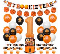 JOYMEMO Decoraciones de primer cumpleaños de baloncesto para niños, pancarta de mi año novato, decoración para tartas, globos número 1, globos impresos de baloncesto, suministros de fiesta de