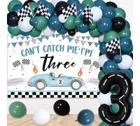 JOYMEMO Decoraciones vintage de 3er cumpleaños para niños, kit de guirnalda de arco de globos de coche de carreras con telón de fondo Can't Catch Me I'm Thres, globo número 3, banderas a cuadros para