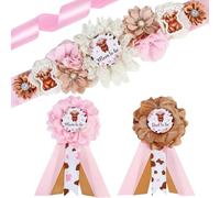 JOYMEMO Highland Cow - Juego de fajín y ramillete de maternidad, decoración de baby shower de ganado de las tierras altas, regalo floral de animales de granja para anuncio de embarazo, suministros de