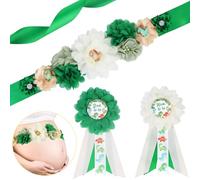 JOYMEMO Kit de banda de maternidad de dinosaurio verde para baby shower, cinturón de vientre de dinosaurio para baby shower y pines de ramillete de mamá para ser y papá para ser, accesorios de fotos