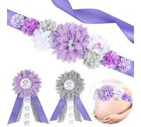 JOYMEMO Kit de banda de maternidad de elefante morado y gris para baby shower, cinturón de vientre y flores de elefante y pines de ramillete para mamá y papá para ser y papá, accesorios de fotos para