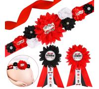 JOYMEMO Kit de faja de maternidad para baby shower, color rojo y negro, para baby shower, cinturón para el vientre de carreras vintage y pines de ramillete para mamá y papá para ser y papá, accesorios