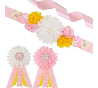 JOYMEMO Kit de faja de maternidad para baby shower, diseño de margaritas rosas, cinturón de vientre para baby shower y alfileres de ramillete para mamá y papá para ser y papá, accesorios de fotos para