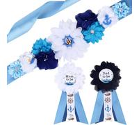 JOYMEMO Kit náutico de banda de maternidad para baby shower - Azul Ahoy NauticalmBaby Shower Cinturón de vientre y pines de ramillete para mamá para ser y papá para ser, embarazo, nuevos padres,