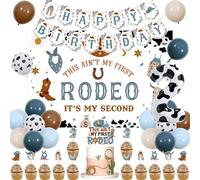 JOYMEMO My 2nd Rodeo Decorations - Telón de fondo y pancarta de segundo cumpleaños para niño, globos del número 2, decoración retro azul marrón para tartas y cupcakes